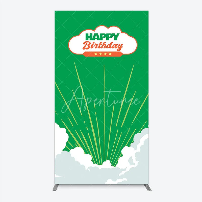 Aperturee - Aperturee Retro Sunburst Happy Birthday Rectangle Backdrop Green and White Cloud Party Cover