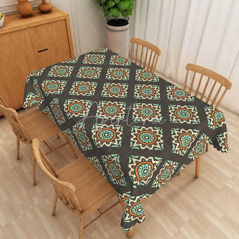 Aperturee - Aperturee Retro Sunburst Rectangle Tablecloth Brown Geometric Pattern Dining Table Cloth Decor