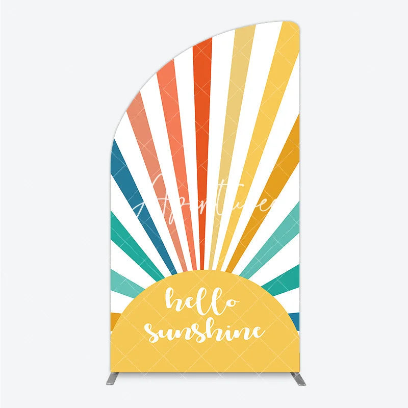 Aperturee - Aperturee Retro Vibrant Multi-Color Sunburst Stripes Half Moon Arch Backdrop Hello Sunshine Summer Party Decor