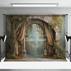 Aperturee - Aperturee Retro Wall Backdrop Stone Archway with Gold Drapes Vintage Castle Photography Background Prop with Vines