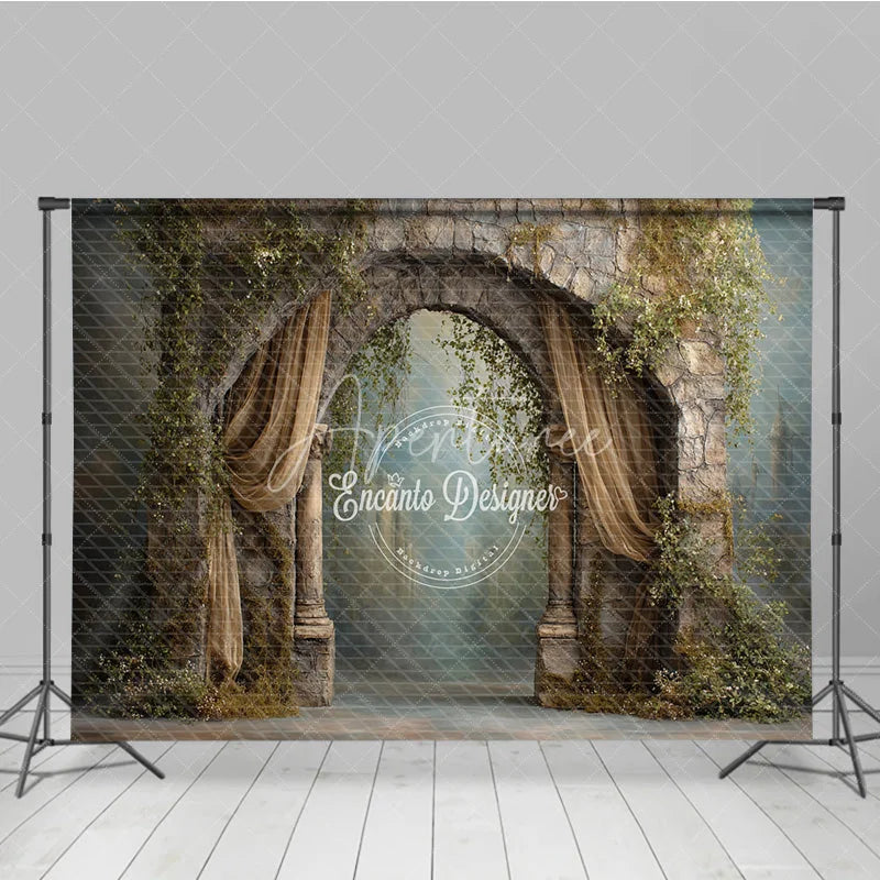 Aperturee - Aperturee Retro Wall Backdrop Stone Archway with Gold Drapes Vintage Castle Photography Background Prop with Vines