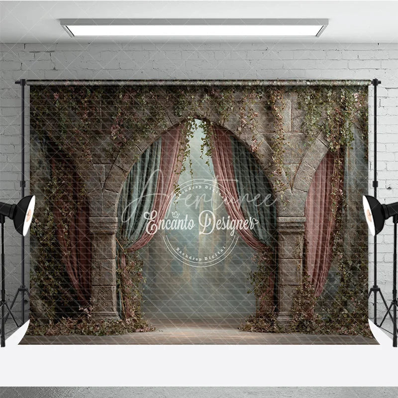 Aperturee - Aperturee Retro Wall Backdrop Stone Archway with Pink Drapes Vintage Castle Photography Background Prop with Vines
