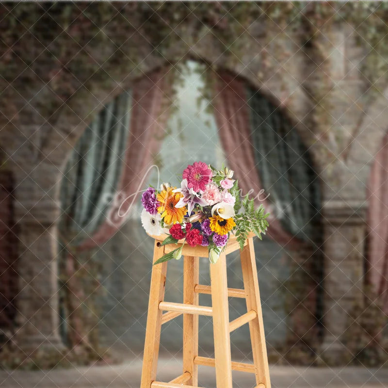 Aperturee - Aperturee Retro Wall Backdrop Stone Archway with Pink Drapes Vintage Castle Photography Background Prop with Vines