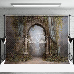 Aperturee - Aperturee Retro Wall Backdrop Stone Archway with Vines and Blue Drapes Vintage Castle Photography Background Prop