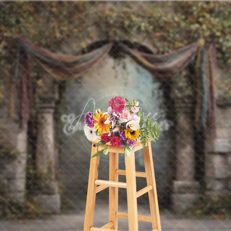 Aperturee - Aperturee Retro Wall Backdrop Stone Archway with Vines and Drapes Vintage Castle Photography Background Prop