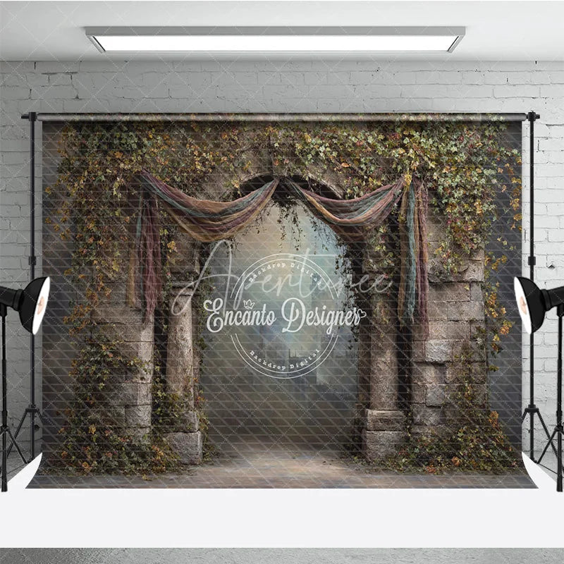 Aperturee - Aperturee Retro Wall Backdrop Stone Archway with Vines and Drapes Vintage Castle Photography Background Prop