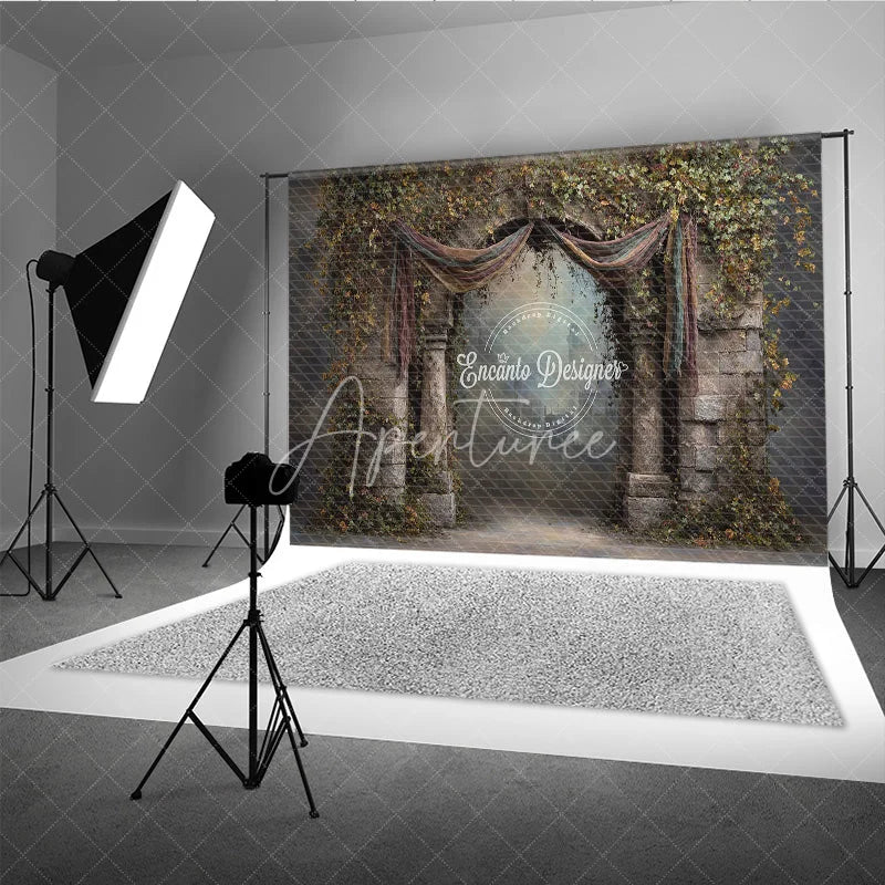 Aperturee - Aperturee Retro Wall Backdrop Stone Archway with Vines and Drapes Vintage Castle Photography Background Prop