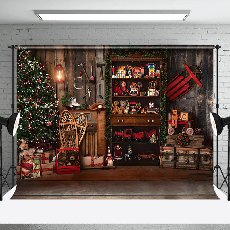 Aperturee - Aperturee Retro Wooden Santa Workshop Christmas Night Backdrop