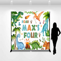 Aperturee Aperturee Roar I’m Four Custom Dinosaur Birthday Backdrop Boys 4th Bday Party Personalized T Rex and Volcano Photo Prop