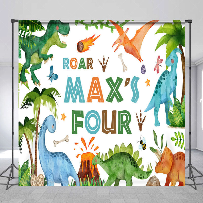 Aperturee Aperturee Roar I’m Four Custom Dinosaur Birthday Backdrop Boys 4th Bday Party Personalized T Rex and Volcano Photo Prop