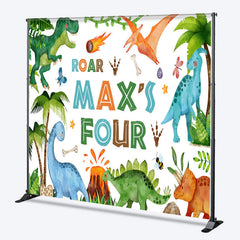 Aperturee Aperturee Roar I’m Four Custom Dinosaur Birthday Backdrop Boys 4th Bday Party Personalized T Rex and Volcano Photo Prop