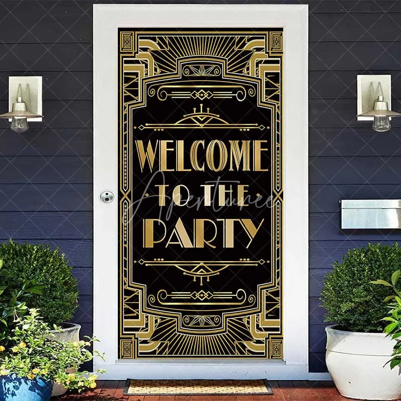 Aperturee - Aperturee Roaring 20s Black and Gold Door Cover Art Deco Welcome to The Party Sign Decoration