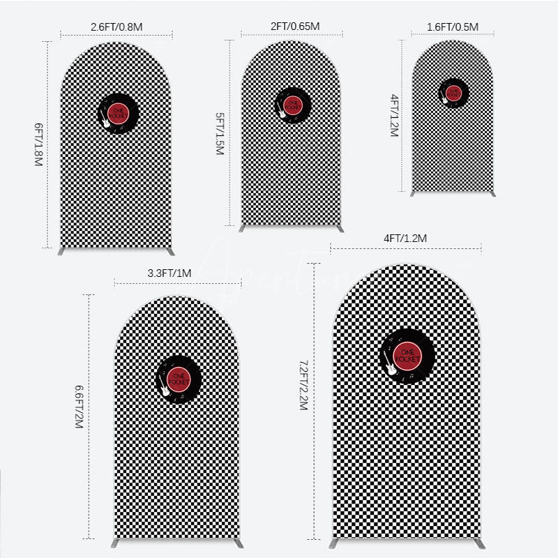 Aperturee - Aperturee Rock and Roll Music Arch Backdrop Black and White Checkerboard with Vinyl Record One Rocket Birthday Party Decor