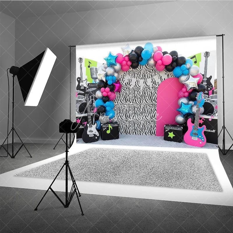 Aperturee - Aperturee Rock and Roll Zebra Print and Guitar Backdrop Music Theme and Neon Star Decor for Kids Birthday Party