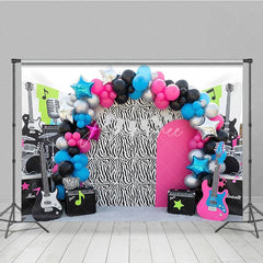 Aperturee - Aperturee Rock and Roll Zebra Print and Guitar Backdrop Music Theme and Neon Star Decor for Kids Birthday Party