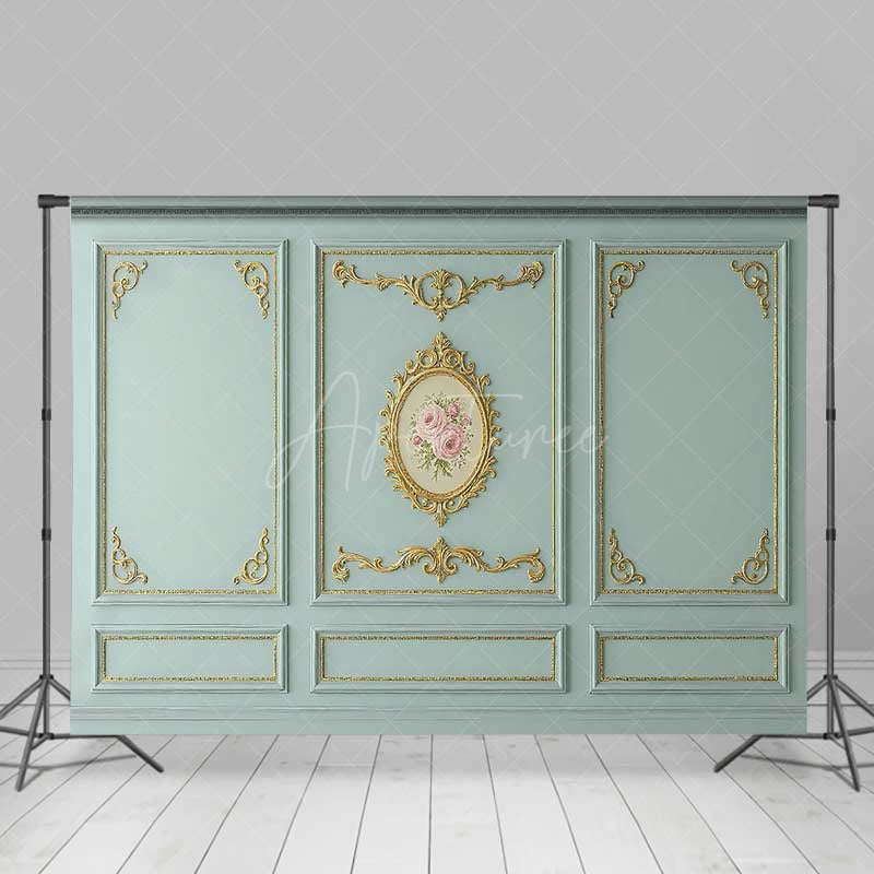 Aperturee Aperturee Rococo Wall Photography Backdrop Blue and Gold Ornate Molding Panels with Roses French Vintage Studio Prop