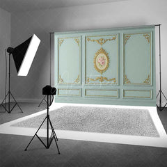 Aperturee Aperturee Rococo Wall Photography Backdrop Blue and Gold Ornate Molding Panels with Roses French Vintage Studio Prop