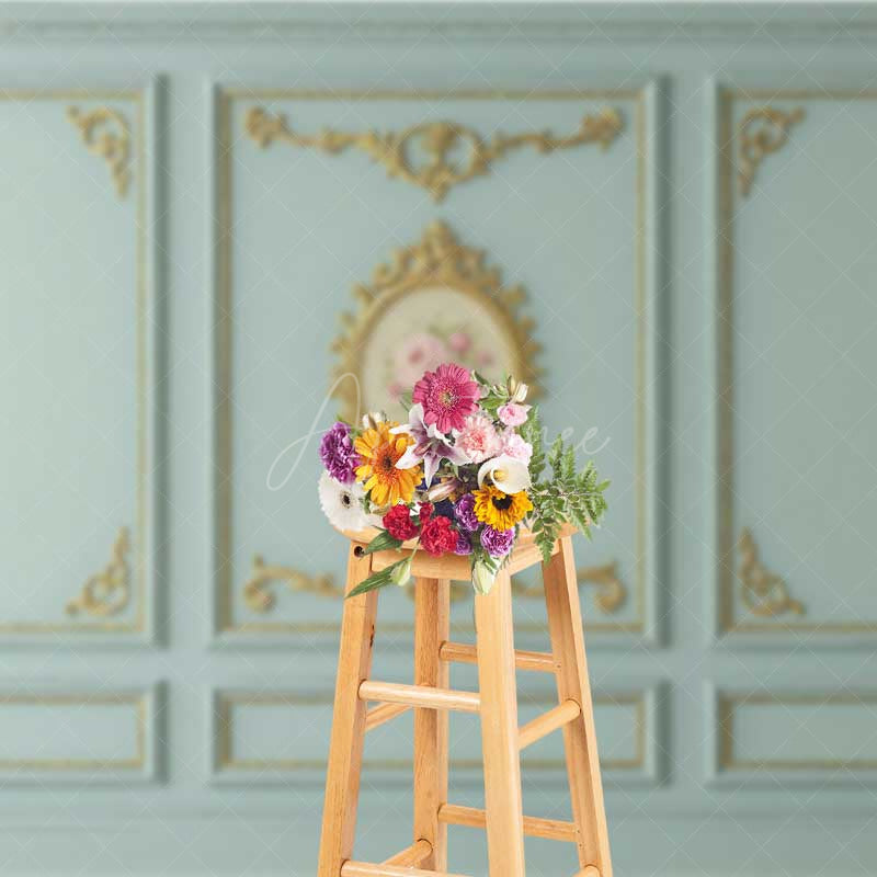 Aperturee Aperturee Rococo Wall Photography Backdrop Blue and Gold Ornate Molding Panels with Roses French Vintage Studio Prop