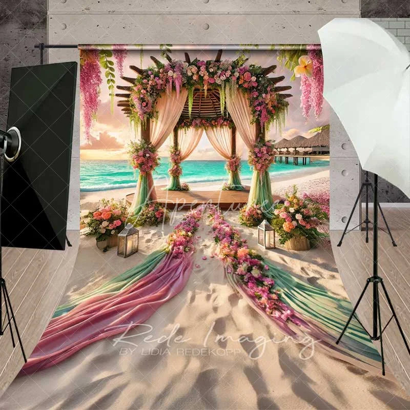 Aperturee - Aperturee Romantic Beach Wedding Backdrop Floral Arch Pink Green Fabric Sunset Ocean Photography Bridal Shower Decor