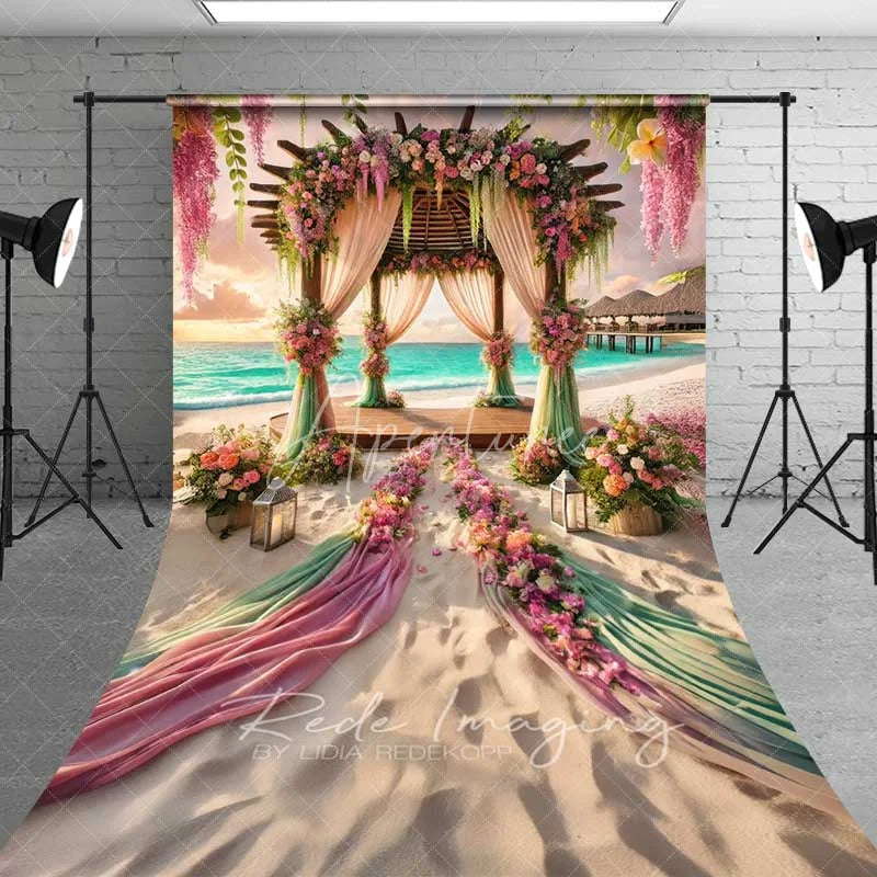 Aperturee - Aperturee Romantic Beach Wedding Backdrop Floral Arch Pink Green Fabric Sunset Ocean Photography Bridal Shower Decor