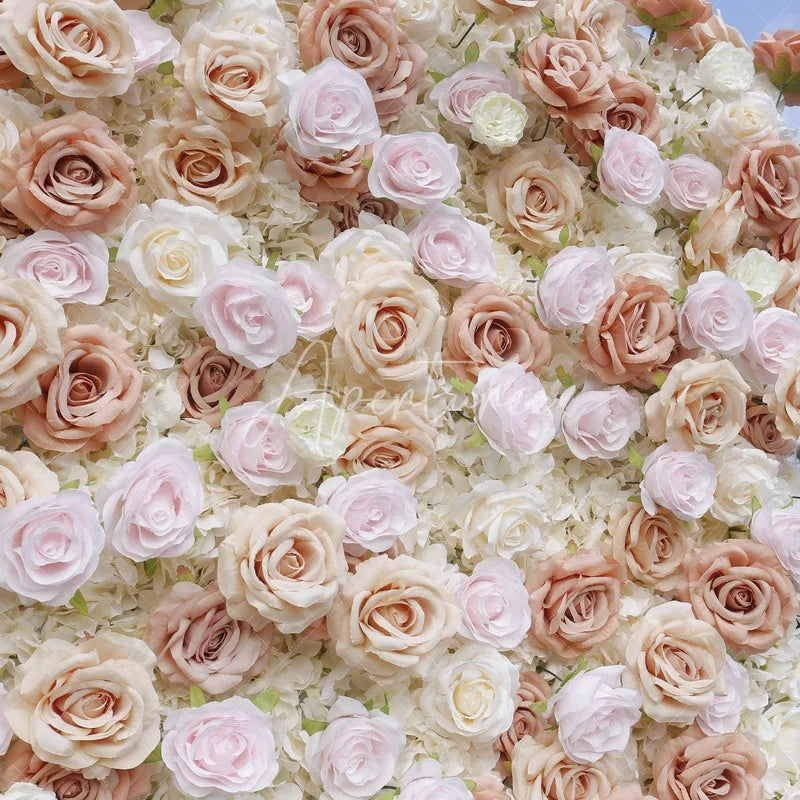 Aperturee - Aperturee Romantic Blush Pink and White Roses Artificial Flower Wall Elegant Floral Wedding Backdrop and Party Decor