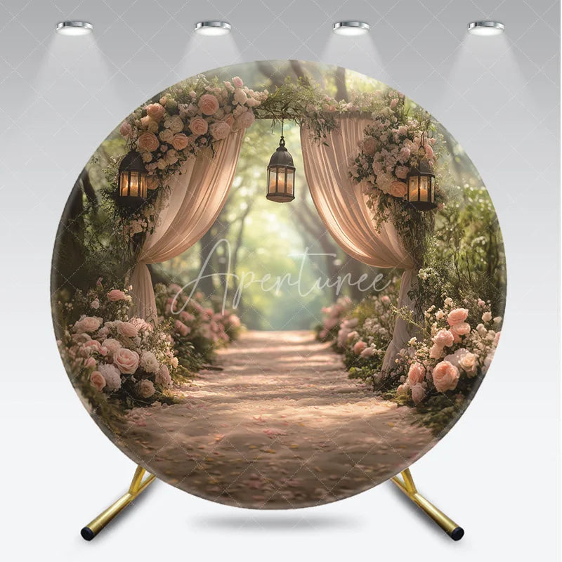 Aperturee - Aperturee Romantic Enchanted Forest Wedding Round Backdrop with Blush Pink Roses Elegant Sheer Drapes and Warm Lanterns
