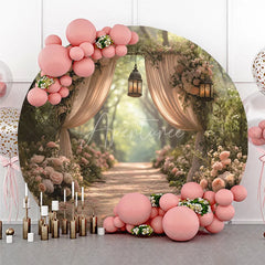 Aperturee - Aperturee Romantic Enchanted Forest Wedding Round Backdrop with Blush Pink Roses Elegant Sheer Drapes and Warm Lanterns