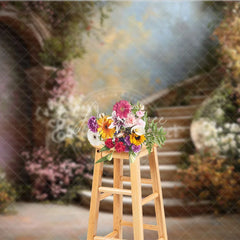 Aperturee - Aperturee Romantic Enchanted Garden Photography Backdrop Elegant Curved Stone Staircase with Pink and White Blossoms