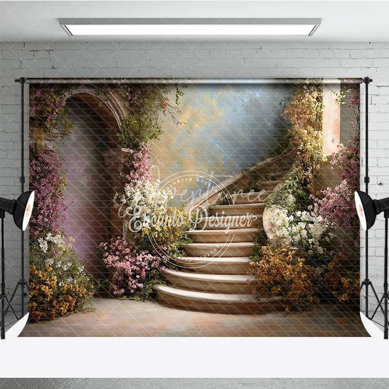 Aperturee - Aperturee Romantic Enchanted Garden Photography Backdrop Elegant Curved Stone Staircase with Pink and White Blossoms