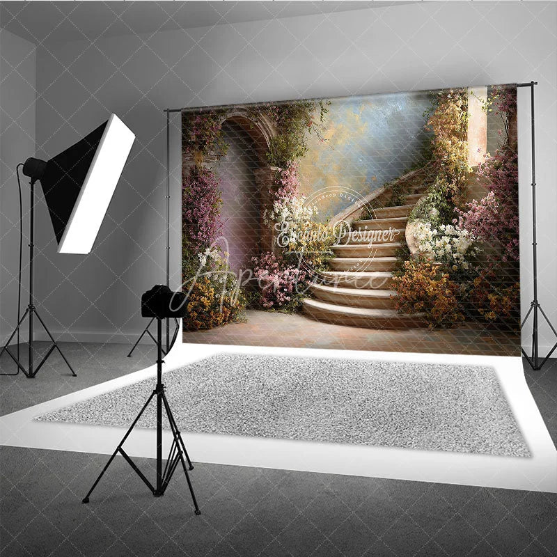 Aperturee - Aperturee Romantic Enchanted Garden Photography Backdrop Elegant Curved Stone Staircase with Pink and White Blossoms