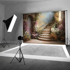 Aperturee - Aperturee Romantic Enchanted Garden Photography Backdrop Elegant Curved Stone Staircase with Pink and White Blossoms