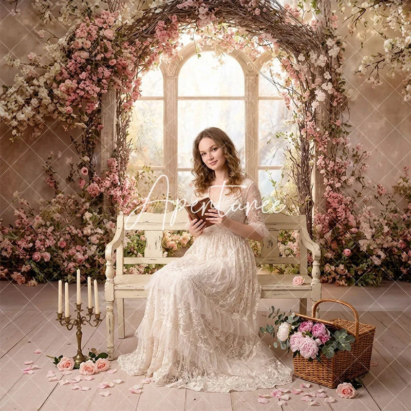 Aperturee - Aperturee Romantic Floral Arch Window with Pink and White Flowers Combo Set Backdrop Elegant Garden Photography Prop