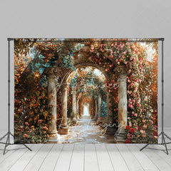 Aperturee - Aperturee Romantic Floral Archway Backdrop Classical Architecture Columns and Pink Roses Photography Background for Wedding