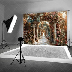 Aperturee - Aperturee Romantic Floral Archway Backdrop Classical Architecture Columns and Pink Roses Photography Background for Wedding
