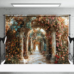 Aperturee - Aperturee Romantic Floral Archway Backdrop Classical Architecture Columns and Pink Roses Photography Background for Wedding