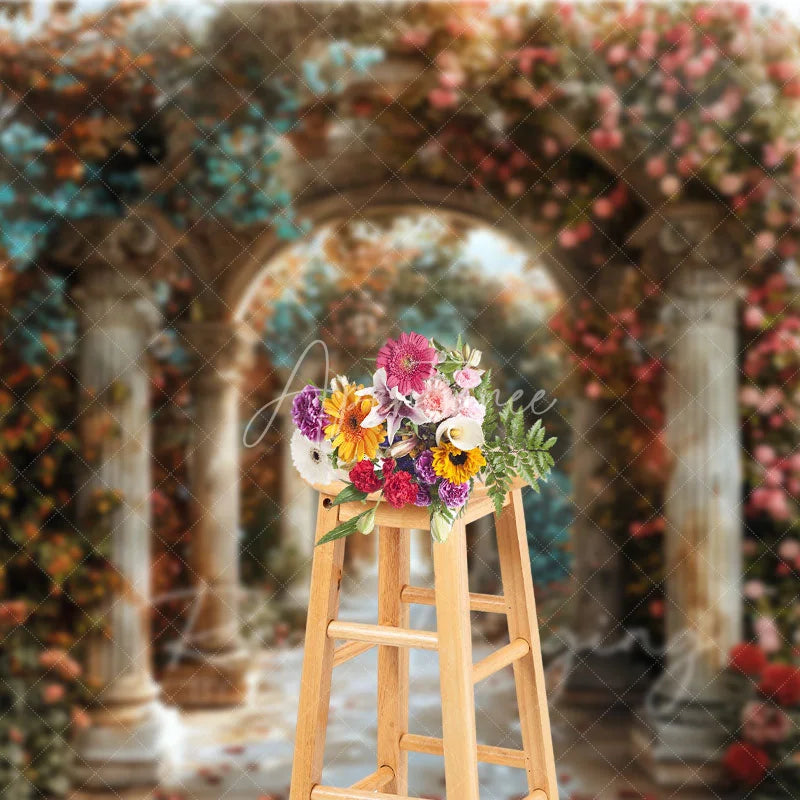 Aperturee - Aperturee Romantic Floral Archway Backdrop Classical Architecture Columns and Pink Roses Photography Background for Wedding