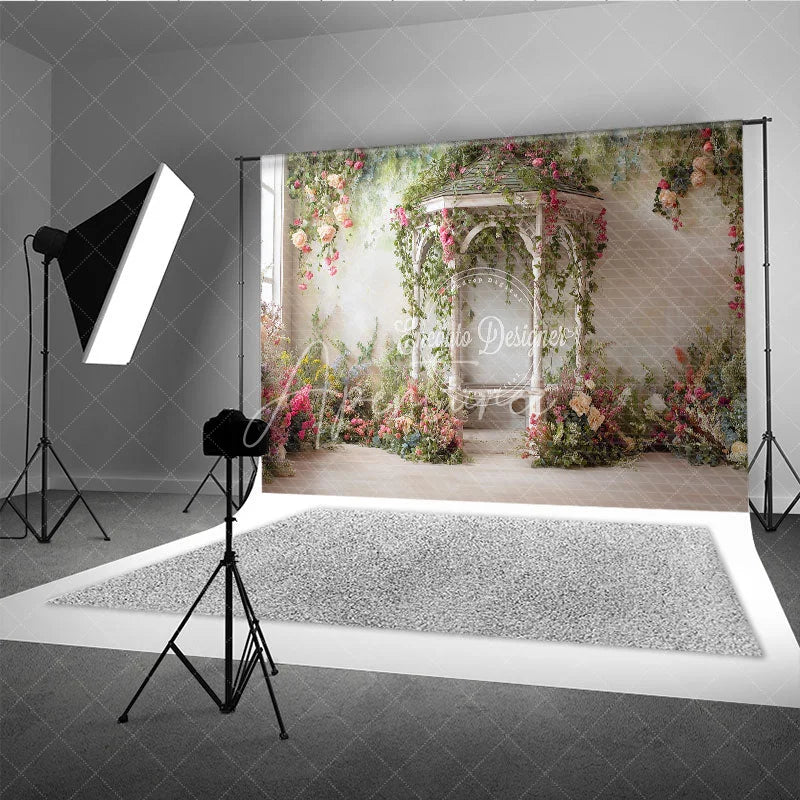 Aperturee - Aperturee Romantic Garden Gazebo Photography Backdrop Pink Roses and Green Vines for Spring and Summer Events