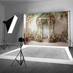 Aperturee - Aperturee Romantic Garden Gazebo Photography Backdrop Pink Roses and Green Vines for Spring and Summer Events