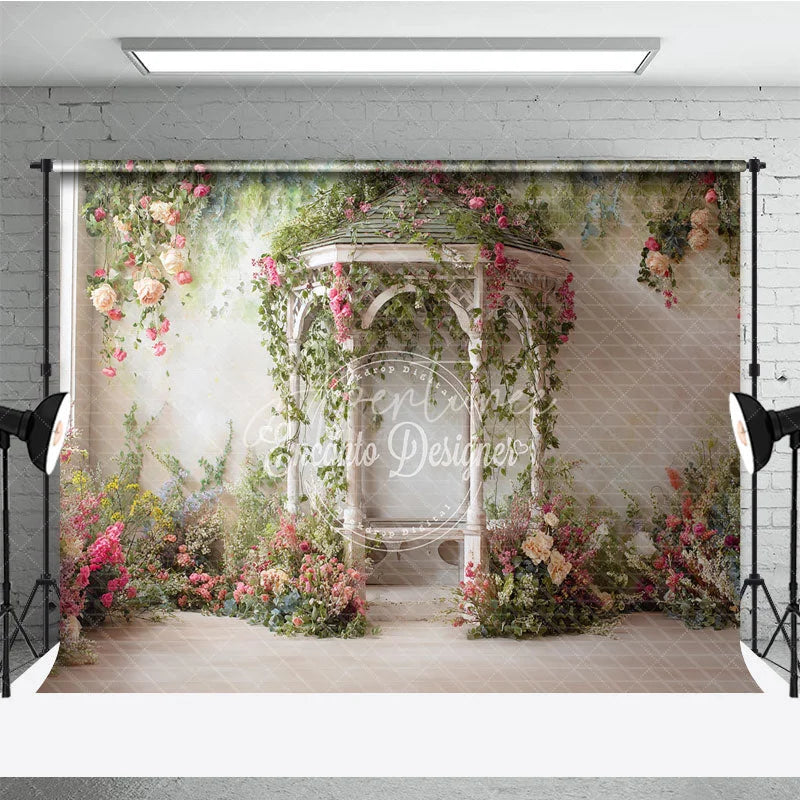 Aperturee - Aperturee Romantic Garden Gazebo Photography Backdrop Pink Roses and Green Vines for Spring and Summer Events