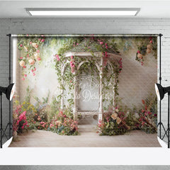 Aperturee - Aperturee Romantic Garden Gazebo Photography Backdrop Pink Roses and Green Vines for Spring and Summer Events