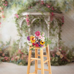 Aperturee - Aperturee Romantic Garden Gazebo Photography Backdrop Pink Roses and Green Vines for Spring and Summer Events