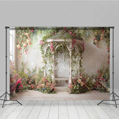 Aperturee - Aperturee Romantic Garden Gazebo Photography Backdrop Pink Roses and Green Vines for Spring and Summer Events