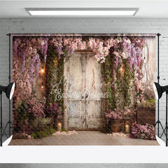 Aperturee - Aperturee Romantic Garden Photography Backdrop with Distressed Wooden Door Cascading Pink Wisteria Flowers and Lanterns