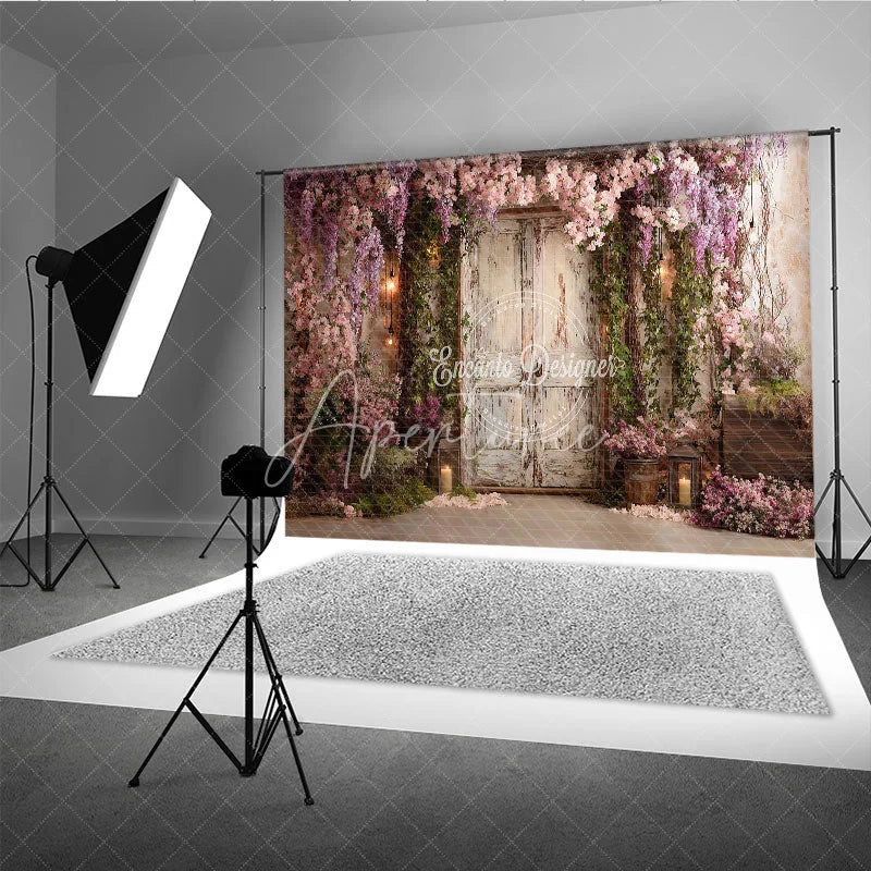 Aperturee - Aperturee Romantic Garden Photography Backdrop with Distressed Wooden Door Cascading Pink Wisteria Flowers and Lanterns