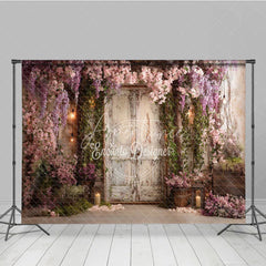 Aperturee - Aperturee Romantic Garden Photography Backdrop with Distressed Wooden Door Cascading Pink Wisteria Flowers and Lanterns