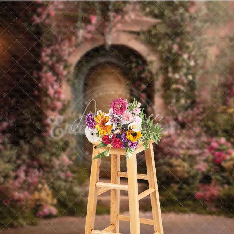 Aperturee - Aperturee Romantic Garden Photography Backdrop with Stone Archway Rustic Door Pink Roses and Vintage Lantern