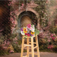 Aperturee - Aperturee Romantic Garden Photography Backdrop with Stone Archway Rustic Door Pink Roses and Vintage Lantern