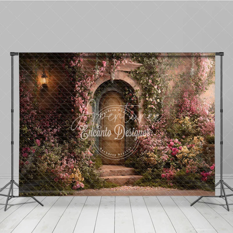 Aperturee - Aperturee Romantic Garden Photography Backdrop with Stone Archway Rustic Door Pink Roses and Vintage Lantern