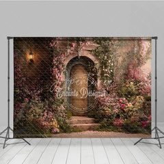 Aperturee - Aperturee Romantic Garden Photography Backdrop with Stone Archway Rustic Door Pink Roses and Vintage Lantern