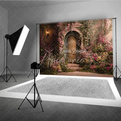 Aperturee - Aperturee Romantic Garden Photography Backdrop with Stone Archway Rustic Door Pink Roses and Vintage Lantern